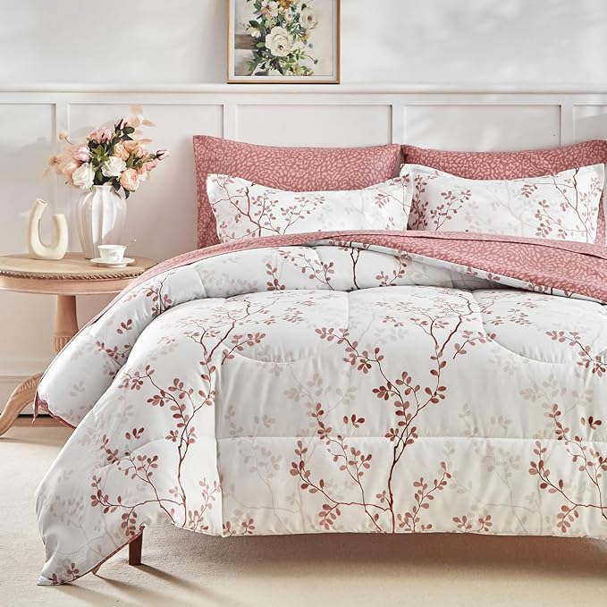 AIKASY King Comforter Set 7 Pieces- Soft Microfiber, Reversible Cute Floral Bedding Comforter Sets (1 Comforter, 2 Pillow Shams, 1 Flat Sheet, 1 Fitted Sheet, 2 Pillowcases)