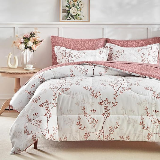 AIKASY King Comforter Set 7 Pieces- Soft Microfiber, Reversible Cute Floral Bedding Comforter Sets (1 Comforter, 2 Pillow Shams, 1 Flat Sheet, 1 Fitted Sheet, 2 Pillowcases)