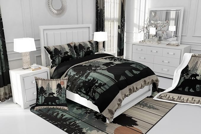 Feelyou Western Farmhouse Bedding Comforter Sets Toddler Size, Cabin Lodge Bedding Sets, Hunting Bear Deer Comforter Set, Country Retro Duvet Insert, Rustic Woodland Pine Tree Quilt, Black Brown