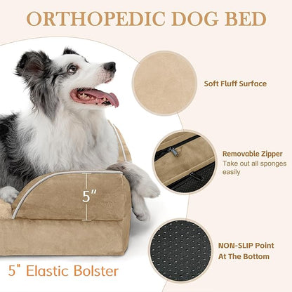 Comfort Expression Orthopedic Dog Bed for Large Dogs 36x27 Inch, Waterproof Egg Crate Foam Large Pet Bed with Removable Bolsters, Dog Couch with Washable Cover & Non-Slip Bottom, Light Brown