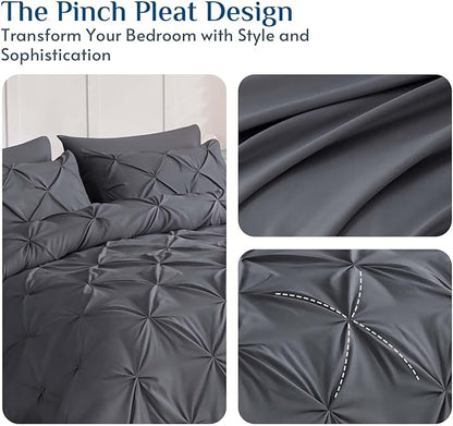 JOLLYVOGUE Queen Comforter Set 7 Pieces - Bed in a Bag Queen for All Season, Pintuck Bedding Comforter Sets with Comforter, Flat Sheet, Fitted Sheet and Pillowcases & Shams, Grey