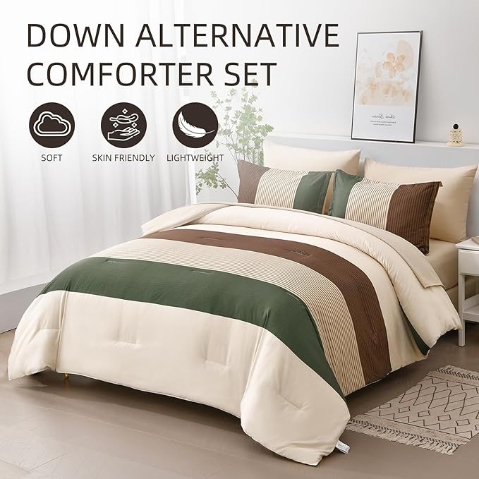Anibedding Striped Comforter Set Queen Size, Boho Brown Green Striped Bedding Comforter Set 7 Piece Bed in a Bag, Soft Microfiber Down Alternative Farmhouse Bedding Set for All Season(90"x90")