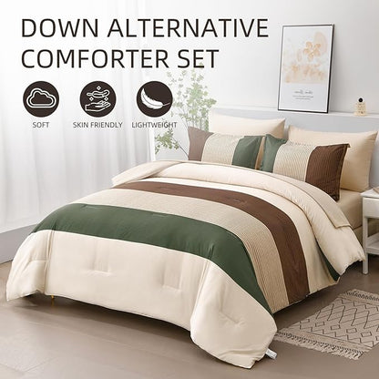 Anibedding Striped Comforter Set Queen Size, Boho Brown Green Striped Bedding Comforter Set 7 Piece Bed in a Bag, Soft Microfiber Down Alternative Farmhouse Bedding Set for All Season(90"x90")