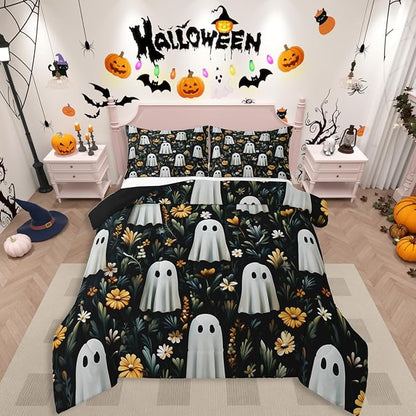 Erosebridal Spooky Halloween Boho Black Queen Comforter Set, Cute Ghost Bedding Set for Kids Boys Girls Teens Women Men Halloween Decor, Black Bohemian Floral Comforter, Retro Horror Theme Quilt