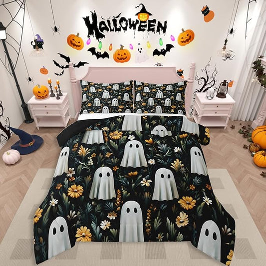 Erosebridal Spooky Halloween Boho Black Bedding Set Twin, Cute Ghost Comforter Set for Kids Boys Girls Teens Women Men Halloween Decor, Black Bohemian Floral Comforter, Retro Horror Theme Quilt