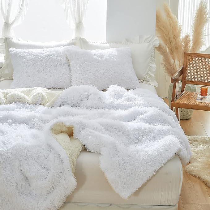 Joyreap 3-Piece Plush Shaggy Comforter Set, Full/Queen Size Luxury Faux Fur Sherpa Reversible Bedding Comforter Set, Ultra Cozy Warm Fluffy Bedding Set for Winter (Raw White, 88x88 inches)