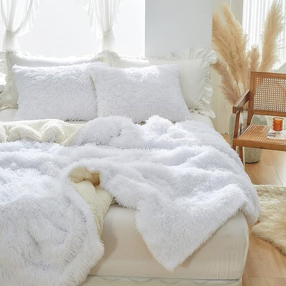 Joyreap 3-Piece Plush Shaggy Comforter Set, Full/Queen Size Luxury Faux Fur Sherpa Reversible Bedding Comforter Set, Ultra Cozy Warm Fluffy Bedding Set for Winter (Raw White, 88x88 inches)