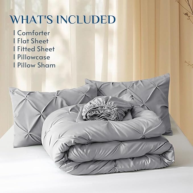 JOLLYVOGUE Twin Comforter Set 5 Pieces - Bed in a Bag Twin for All Season, Pintuck Bedding Comforter Sets with Comforter, Flat Sheet, Fitted Sheet and Pillowcases & Shams, Light Grey