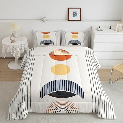 Erosebridal Modern Moon Print Comforter Twin Mid Century Bedding Set, Abstract Art Down Comforter Geometric Stripe Bed Set, Aesthetic Quilted Duvet