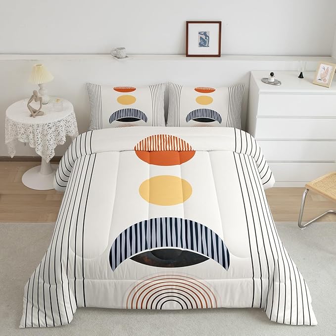 Erosebridal Modern Moon Print Bedding Set Queen Mid Century Comforter Set, Abstract Art Duvet Insert Geometric Stripe Quilt Sets, Aesthetic Bedding Comforters & Sets