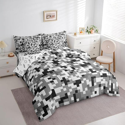 Grey Black Camo 7Pcs Comforter Set King Size,Geometric Pixelated Themed Bedding Set for Kids Girls Boys Teens Room Decor,Modern Camouflage Fitted Flat Sheet Video Games 2 Throw Pillow,2 Pillowcases