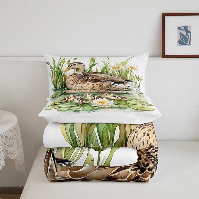 Duck Family King Size Comforter Sets for Boys Girls,Watercolor Pond Flowers Leaves Bedding Sets Youth Men Bedroom Decor,Wild Duck Cute Birds 3 Pieces Quilt Set,Farmhouse Style Duvet Insert