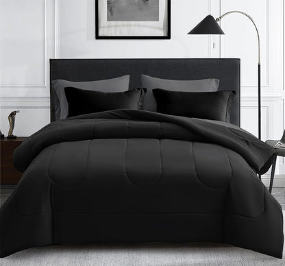 Maple&Stone Oversized Queen Comforter Sets 7 Pieces Bed in a Bag - Down Alternative Bed Set with Comforter, Sheets, Pillowcases & Shams, All Season Lightweight Bedding Set (Black,98x98)