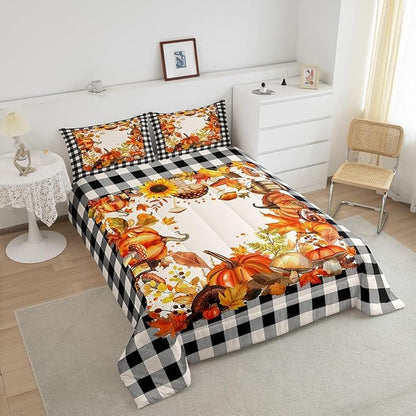 Thanksgiving Comforter Set Fall Pumpkin Mushrooms Bedding Comforter Sets Twin Brown Buffalo Plaid Bed Comforter Set,Autumn Harvest Season Duvet Insert,Fall Decorations For Home Bedroom 1 Pillow Case
