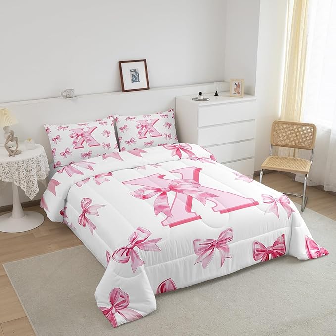 Erosebridal Initial Letter X Bedding Comforter Sets Pink Kawaii Bow Queen Bedding Set for Girls,Dreamy Princess Letter Bowknot Comforter Set for Kids Teen Women Bedroom Decor,Cute Girly Bow Bed Set