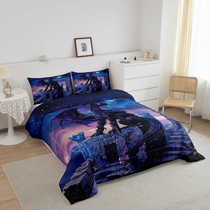 Feelyou Dragon Comforter Set Full Size Moon Light Dragon Comforter for Boys Girls Teens Gothic Bedding Set Wildlife Duvet Set Room Decor Acid Blue Quilt Set