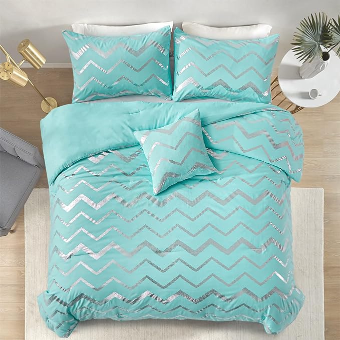 Menghomeus Aqua Comforter Set Twin Size Metallic Teal and Silver Bed Comforter 3 Piece Soft Microfiber Bedding for Teen Girls Boys (1 Pillow Case + 1 Decorative Pillow Sham)