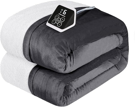 Westinghouse Heated Blanket Full Size, Soft Flannel to Sherpa Electric Blanket with 10 Heating Levels, 1-12 Hours Auto Shut Off, Fast Heating Warming Blanket, Machine Washable, 72x84 Inch, Charcoal
