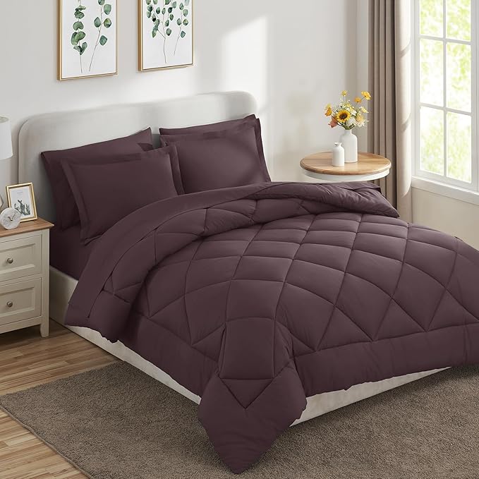 CozyLux Full Size Comforter Sets Cocoa Powder - 7 Pieces Bed in a Bag Full, Luxury Soft Bed Set for All Seasons, Bedding Set with Down Alternative Comforter, Sheets, Pillowcases & Shams
