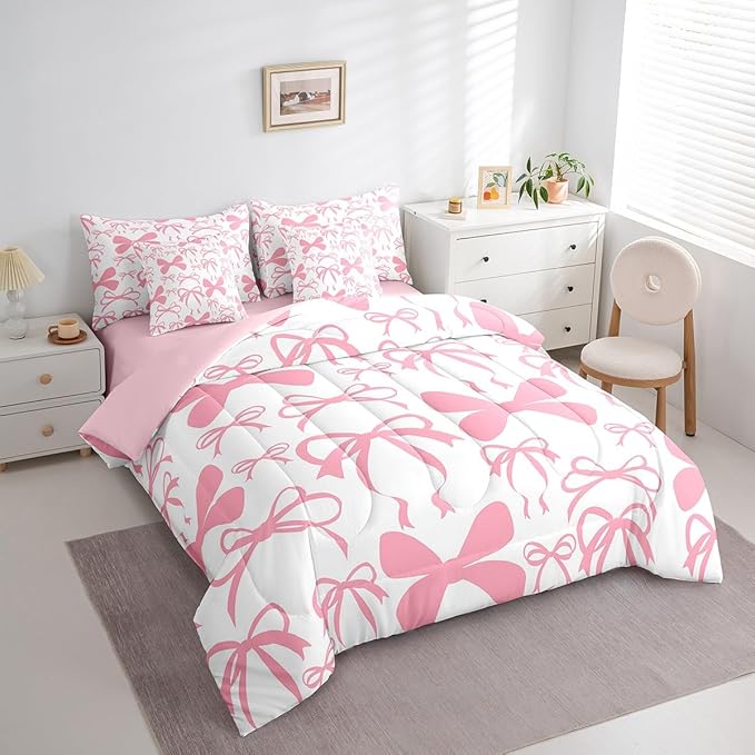Feelyou Bow Bedding Set for All Season Boys Girls Full Size Black Cute Bowknot 7 Pieces Comforter Sets Women Men Pink Girls Bow Bed in a Bag with Comforter, Sheets, Pillowcases & Cushion Cover