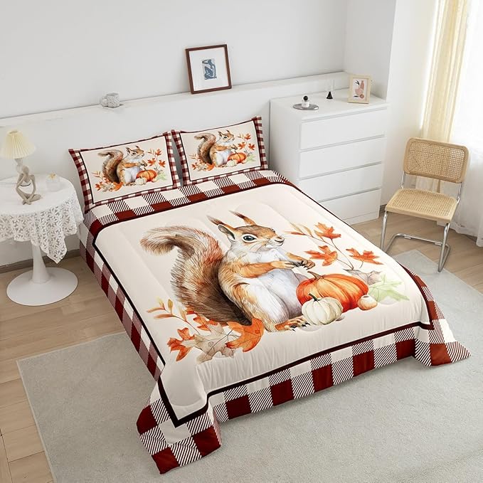 Castle Fairy Fall Pumpkin Maple Leaf Comforter Set for Kids,Autumn Harvest Squirrel Bedding Set Teens Boys Room Decor,Vintage Wood Plank Grid Comforter with 1 Pillowcase for All Seasons,Twin