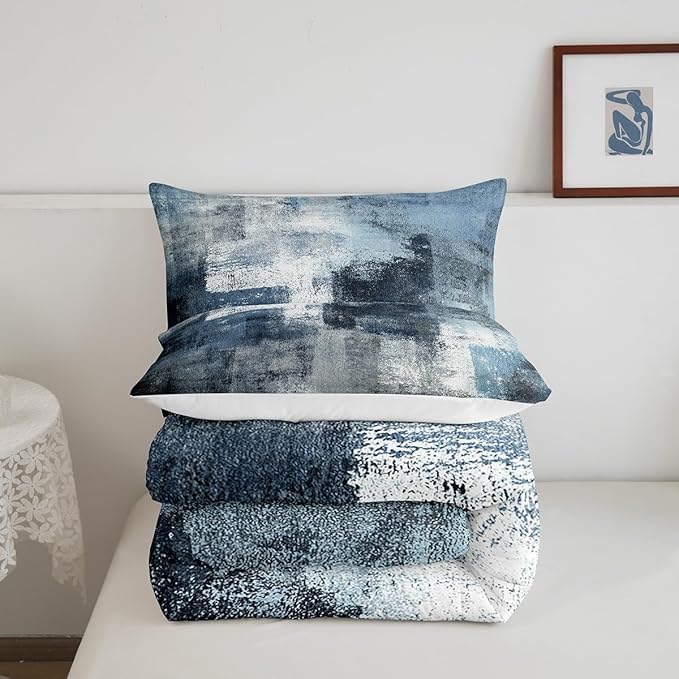 Erosebridal Mid Century Bedding Sets Queen,Blue Ombre Comforter for Men Women,Vintage Watercolor Artwork Bedding Comforter Sets,Contemporary Abstract Art Duvet Insert with 2 Pillowcases