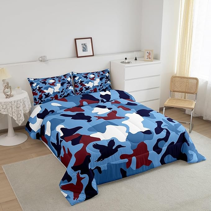Erosebridal Duck Camo Comforter Set Toddler Size Camouflage Bedding for Kids Hunting Farmhouse Camping Comforter Vintage Navy Blue Room Decor Wild Duck Rustic Animal Duvet Set