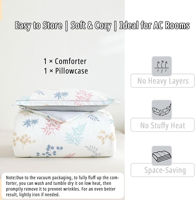 White Cotton Comforter Twin Size 2Pcs - Blue, Beige and Blush Botanicals Pattern on White, Gray Grid Back, Reversible Lightweight Bedding Sets with Soft Fill(1 Comfoter, 1 Pillowcase)