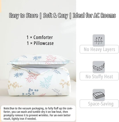 White Cotton Comforter Twin Size 2Pcs - Blue, Beige and Blush Botanicals Pattern on White, Gray Grid Back, Reversible Lightweight Bedding Sets with Soft Fill(1 Comfoter, 1 Pillowcase)
