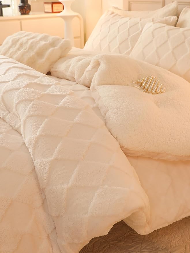 Tufted Fleece Comforter Set King - Super Soft Warm Fluffy Shaggy Bedding Sets, Diamond Plaid Jacquard Bed Set for Winter, 1 Sherpa Comforter with 2 Pillow Cases (104"X90" Ivory White)