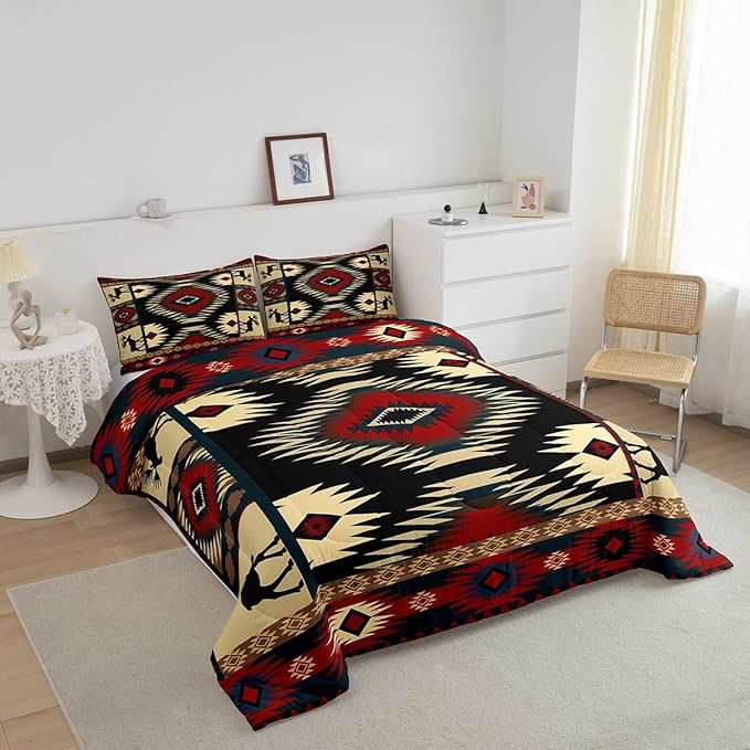 Feelyou Boho Comforter Set King Size Rustic Comforter for Boys Girls Teens Cabin Bedding Set Retro Duvet Set Room Decor Auburn Quilt Set