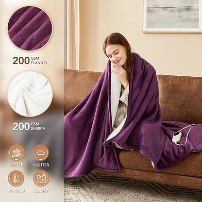 Homemate Electric Heated Blanket Queen Size - 84"x90" Heating Blanket Queen Size Dual Control 1/2/4/6/8 Hours Auto-Off 10 Heat Level Over-Heat Protection Flannel Sherpa ETL Certification