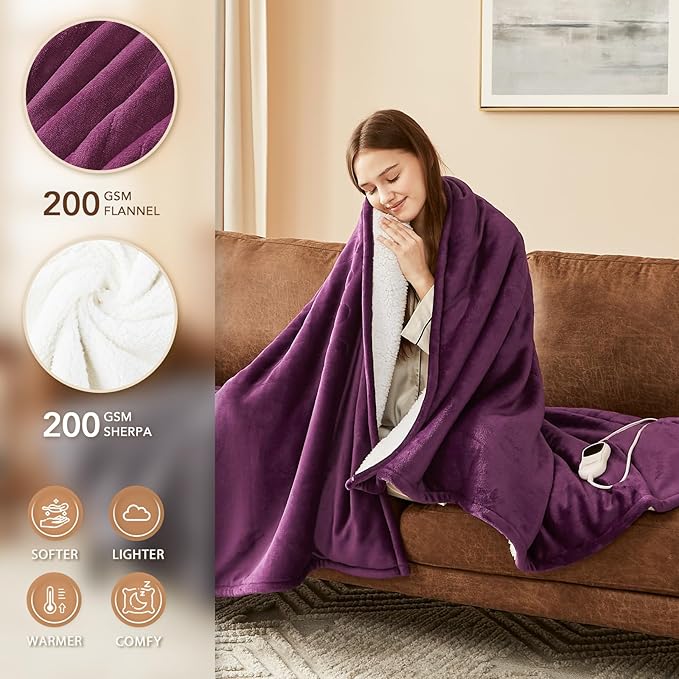 Homemate Heated Blanket Electric Throw - 50"x60" Heating Blanket Throw 1/2/4/6/8 Hours Auto-Off 10 Heat Level Over-Heat Protection Flannel Sherpa ETL Certification