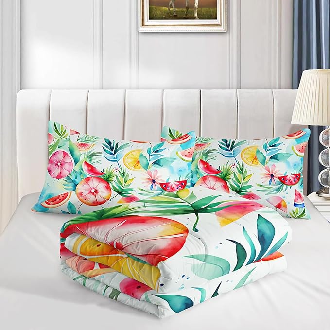 Tropical Fruit Comforter Set 3 Pcs Bedding Set Queen Size for Girls,Summer Plant Leaf Watermelon Pineapple Printed Beddind Set Quilts Set Lightweight Soft Microfiber Warm All Season With 2 pillowcases