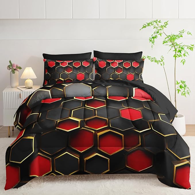 7 Piece Red and Black Comforter Set Queen Checkered，Queen Size Checkered Bedding Set，(1 Comforter, 1 Flat Sheet, 1 Fitted Sheet, 2 Pillowcase and 2 Pillow Sham)