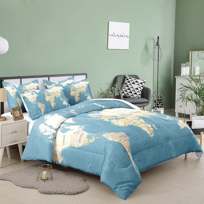 Tailor Shop Multicolored World Map Comforter Set for Boys Girls Geography Blue Ocean Asia Europe Africa America Map World Map Bedding Sets Full Size 3 Pieces with 1 Comforter 2 Pillowcases,06………