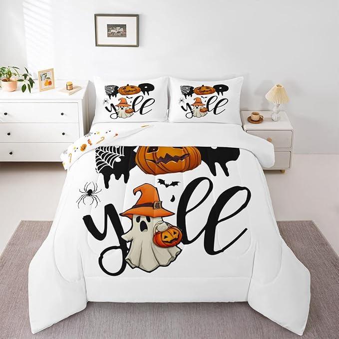 Erosebridal Halloween Boo Bedding Set Full, Halloween Pumpkin Comforter Set, Cute Ghost with Wizard Hat Comforter, Black Bat Spider Web Quilt for Kid Boys Girls Teens Women Men Bedroom Decor