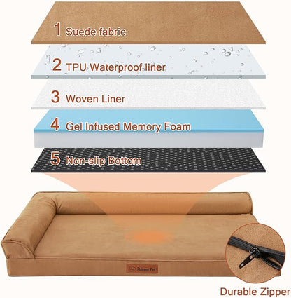 Orthopedic Dog Bed for Large Dogs, 36"x27"x6" Memory Foam Pet Bed with Washable Microsuede Cover, TPU Waterproof Liner & Nonskid Bottom, for Indoor, Outdoor, Crate ＆ Car Use, Khaki