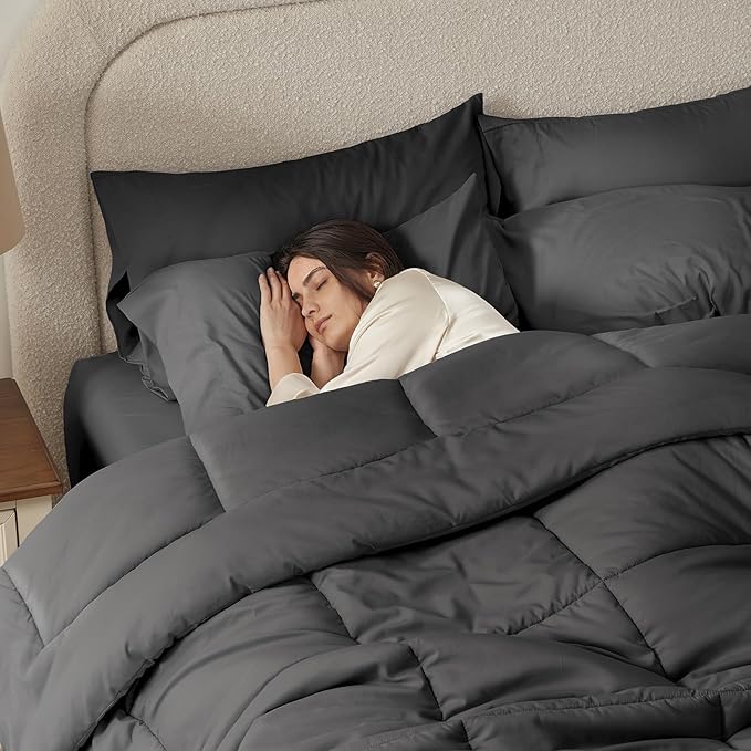 SunStyle Home Dark Grey Full/Queen Comforter Set - 7 Pieces Bed in a Bag, Lightweight Goose Down Alternative Bedding Sets with All Season Comforter, 1 Flat Sheet, 1 Fitted Sheet, 4 Pillowcases