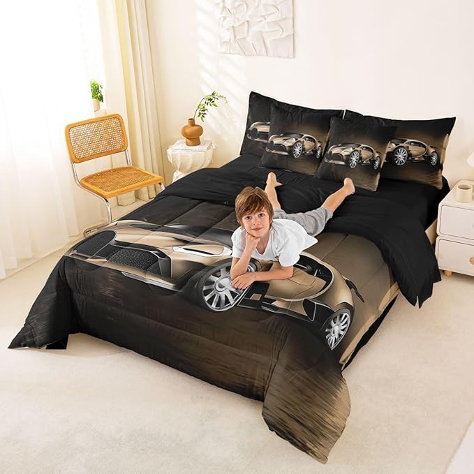 Feelyou Sports Car 7 Piece Bedding Set Brown Race Car Comforter Set with Sheets for Kids Boys Girls Extreme Sports Bed in a Bag Cool Speed Luxury Car Decor Quilt with 2 Pillowcases King