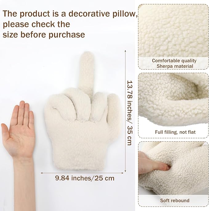 Menkxi Small Middle Finger Decorative Pillow 13.78 x 9.84 in Funny Shaped Sherpa Fleece Throw Pillow Warm Soft Emoticon Cushion Middle Finger Decor for Couch Gag Gift(Ivory)