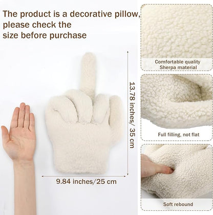 Menkxi Small Middle Finger Decorative Pillow 13.78 x 9.84 in Funny Shaped Sherpa Fleece Throw Pillow Warm Soft Emoticon Cushion Middle Finger Decor for Couch Gag Gift(Ivory)