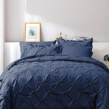 JOLLYVOGUE Navy Blue Twin Size Comforter Sets 5 Pieces, Pintuck Bed in a Bag Comforter Set for Bedroom, Bedding Comforter Sets with Comforter, Sheets,Ruffled Shams & Pillowcases