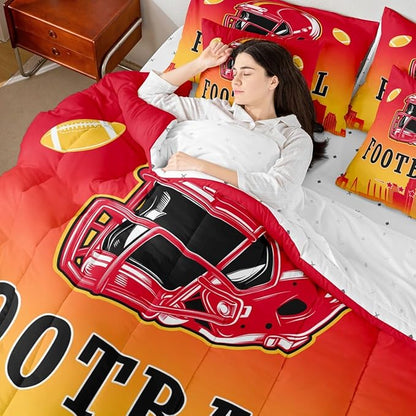 Erosebridal American Soccer Comforter Set with Sheets Queen Boys Football Fans 7 Pcs Bedding Set American Rugby Sports Bed in A Bag for Kids Teen Adults,City Silhouette Ball Games Bed Set