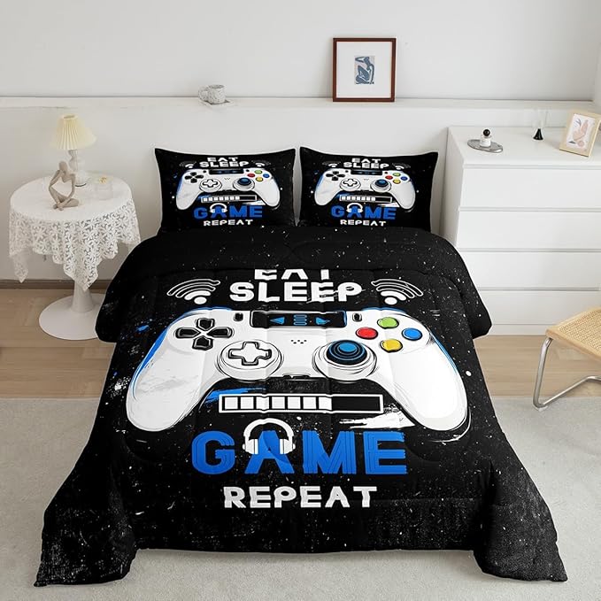 jejeloiu Eat Sleep Game Bedding Set Toddle Size Cartoon Gamer Comforter Set for Kids Boys Girls Modern Game Duvet Set Black Blue Quilt Set 2Pcs