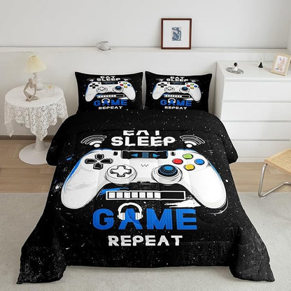 jejeloiu Eat Sleep Game Bedding Set Toddle Size Cartoon Gamer Comforter Set for Kids Boys Girls Modern Game Duvet Set Black Blue Quilt Set 2Pcs
