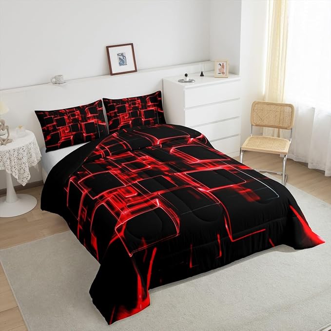 Erosebridal Fire Red and Black Kids Comforter Set Queen, Modern Geometric Square Bedding for Boys Girls Gradient Neon Light Honeycomb Duvet Set Soft Microfiber Quilt with 2 Pillowcases