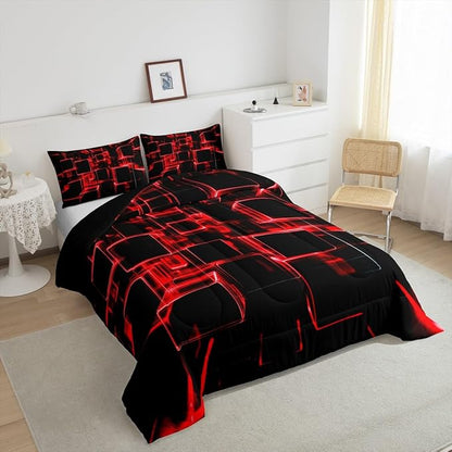 Erosebridal Fire Red and Black Kids Comforter Set Queen, Modern Geometric Square Bedding for Boys Girls Gradient Neon Light Honeycomb Duvet Set Soft Microfiber Quilt with 2 Pillowcases