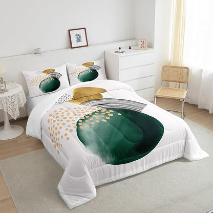 Erosebridal Abstract Artwork Comforter Twin Geometric Circle Bedding Set, Aesthetic Minimalist Down Comforter Blackish Green Turqoise Bed Set, Beige White Quilted Duvet Cozy Soft 2pcs