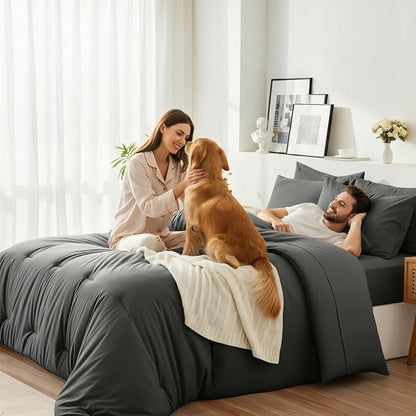 Twin Comforter Set 5 Pieces - Ultra-Soft Bed in a Bag Twin Size, Cozy Luxury All Season Bedding Sets with Comforter, Flat Sheet, Fitted Sheet, 1 Pillow Shams & 1 Pillowcases, Dark Gray